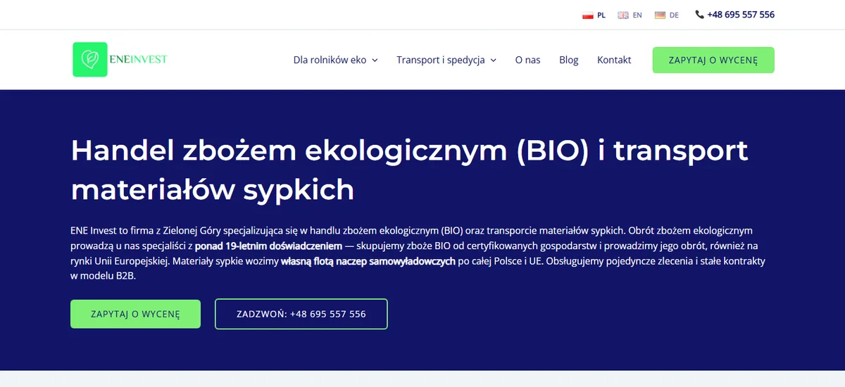 Strona internetowa ENE Invest: sekcja główna z nagłówkiem o handlu zbożem ekologicznym i transporcie materiałów sypkich oraz przełącznikiem języków PL, EN, DE